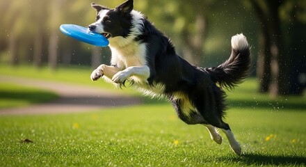 Energetic Border Collie Leaps to Catch a Bright Blue Frisbee in a Sunlit Park, Showcasing Joyful Playfulness and Dynamic Action in a Lush Green Setting Filled with Vibrant Nature