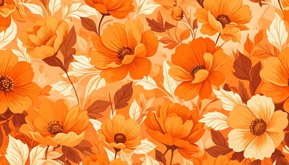 A vibrant seamless pattern featuring large orange flowers and off-white foliage