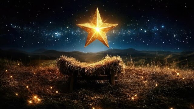 Starry night above empty manger on hay with glowing star and twinkling lights. Merry Christmas