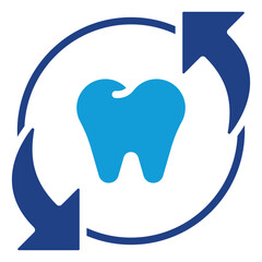 Tooth Cycle Glyph Blue Silhouette Icon Vector Design - tooth surrounded by two rotating arrows, representing oral care process, dental treatment cycles, and regular checkups