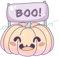 A cheerful cartoon pumpkin with a sign that says 