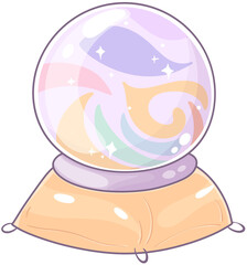A colorful snow globe with swirling patterns and sparkles, set on a rounded base, inviting curiosity and wonder.