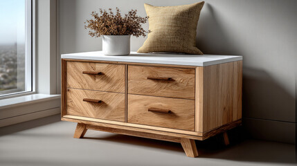 Modern wooden nightstand with four drawers, white top, decorative pillow, and dried plant in pot beside window, cozy and inviting