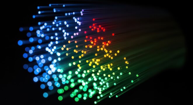 Luminous Data Stream: A Diagonal Burst of Rainbow Fiber Optic Light - Powered by Adobe