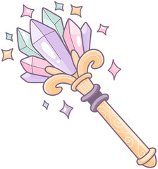 A magical staff adorned with colorful crystals and ornate detailing, radiating a whimsical charm.