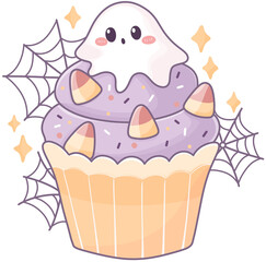 A whimsical cupcake topped with a ghost and candy corn, featuring a lavender frosting and playful decorations.