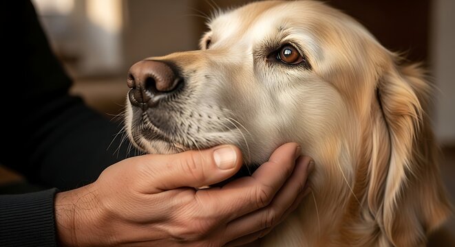 Golden Retriever Comforting Bond with Human Touch: Captivating Close-Up of Affectionate Interaction Highlighting Loyalty and Love between Pets and Owners in a Serene Indoor Setting