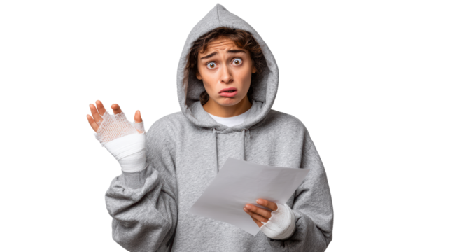 Concerned person holding a paper, wearing a hoodie, with bandaged hands, isolated on white background.