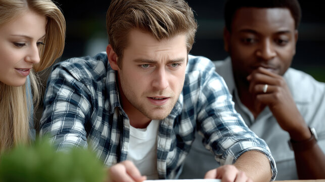 Focused young man plaid shirt sitting with two friends discussing document teamwork concentration indoor diverse group casual - Powered by Adobe