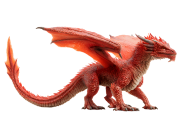 A fiery red dragon with flame-like scales in an aggressive pose isolated on transparent background