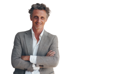 Confident man in a stylish blazer smiling with arms crossed, showcasing a positive demeanor against a neutral backdrop.