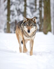 A majestic gray wolf walks forward through a pristine, snow-covered forest, its intense gaze fixed on the camera.