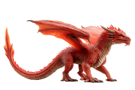 A fiery red dragon with flame-like scales in an aggressive pose isolated on transparent background