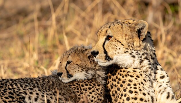 Cheetah mother and cub in savanna