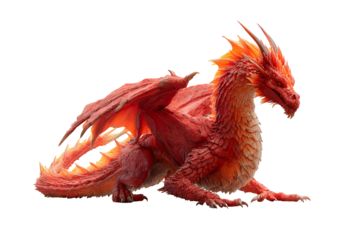 A fiery red dragon with flame-like scales in an aggressive pose isolated on transparent background