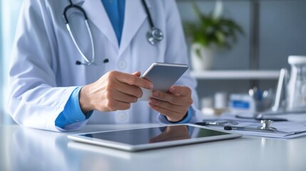 A healthcare professional checks their smartphone while seated at a desk with medical equipment, highlighting the integration of technology in medicine.