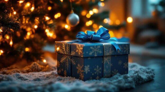 Blue snowflake gift box under decorated christmas tree with warm lights