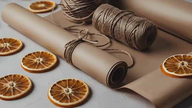 Dried Orange Slices with Brown Wrapping Paper and Twine on Neutral Surface