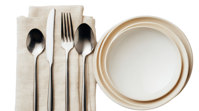 Cutlery set with spoons, forks, and empty plate on linen napkin, white isolated background.