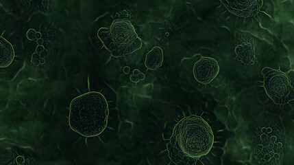 Smooth dark green wallpaper featuring microscopic cells, abstract organic shapes, and scientific texture, evoking mysterious and calming atmosphere for backgrounds or design
