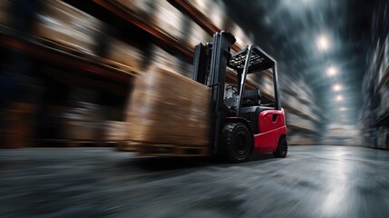 Forklift moving pallets in a dimly lit warehouse