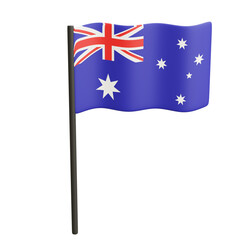 Single 3D Australian flag on black pole waving gently, isolated on white background, ideal for independence or patriotic representation.
