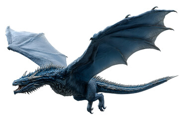 A fierce blue dragon with large wings and icy scales soaring through the sky isolated on transparent background