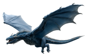 A fierce blue dragon with large wings and icy scales soaring through the sky isolated on transparent background