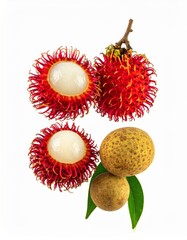 Close Up of Rambutans and Longan with Green Leaves on White Background Still Life