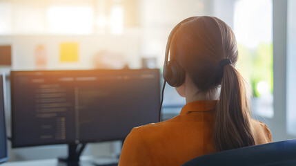 Young female call center agent with headset working at computer in modern office, sunlight streaming in, focused and professional atmosphere