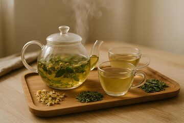 Herbal Tea with Teapot and Cups on Wooden Tray