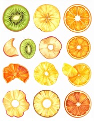Obraz premium Assorted Fruit Slices Watercolor Painting Featuring Kiwi Apple Orange Pineapple and Citrus