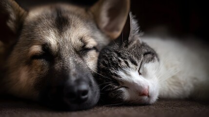Dog and cat sleeping together in cozy home lighting