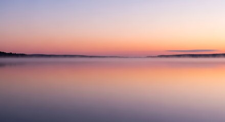 Serene Twilight at the Tranquil Lake: A Breathtaking Vista of Misty Waters and Soft Pastel Hues as Daylight Turns to Dusk, Perfect for Relaxation and Peaceful Reflection