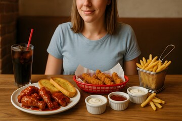 Woman with Fast Food Meal in Restaurant