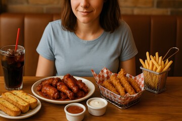Woman Enjoying a Meal with Fried Chicken Fries and Soda