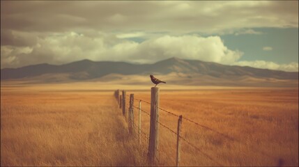 Obraz premium A solitary bird perched atop a weathered fence post in a vast, golden field.