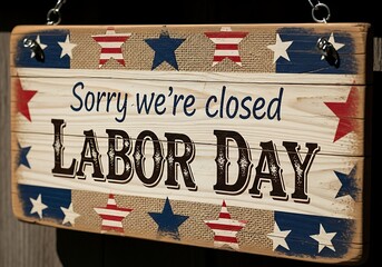 Photo of rustic wooden sign saying sorry were closed labor day with american flag elements
