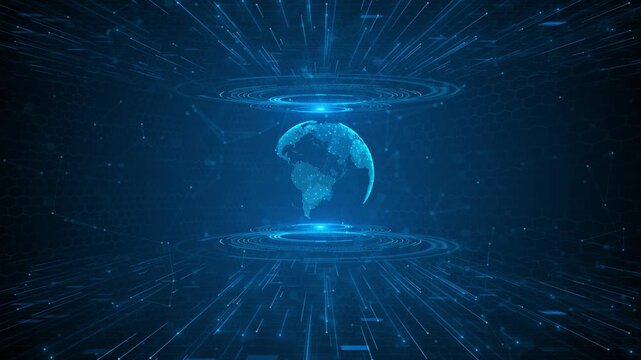 Futuristic HUD planet Earth digital globe glowing data rings, tech lines, hex grid. Visual shows global network, flow, blockchain system, crypto finance, virtual data transfer, smart tech. 3D 4K - Powered by Adobe
