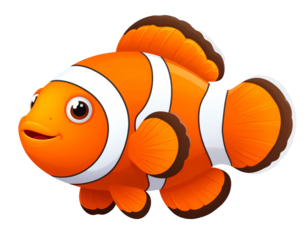 Cartoon-Style Clownfish with Exaggerated Features and Big Eyes, PNG