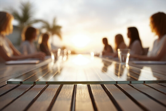 A clean composition of a modern glass-top meeting table set outdoors on a tropical wooden deck, surrounded by blurred silhouettes of people, under a vibrant summer sky