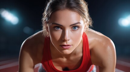 Determined female sprinter athlete on stadium track at start. Focused woman runner ready for race, showing intense concentration and power for sport competition