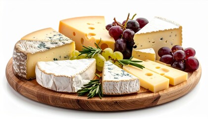 Assorted Cheeses and Fresh Grapes on Round Wooden Board Isolated on White