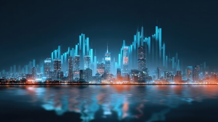 Dazzling futuristic city skyline at night made of digital financial chart data. dynamic urban landscape with glowing blue buildings reflected in water. Concept for finance