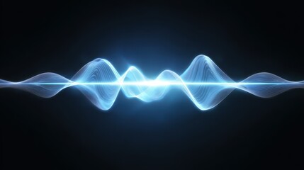 Dynamic futuristic audio waveform glowing with blue electric energy. This abstract sound wave on black background represents modern digital technology and signal flow