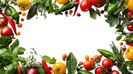 Fresh vegetables and herbs arranged in a heart shape on white background.