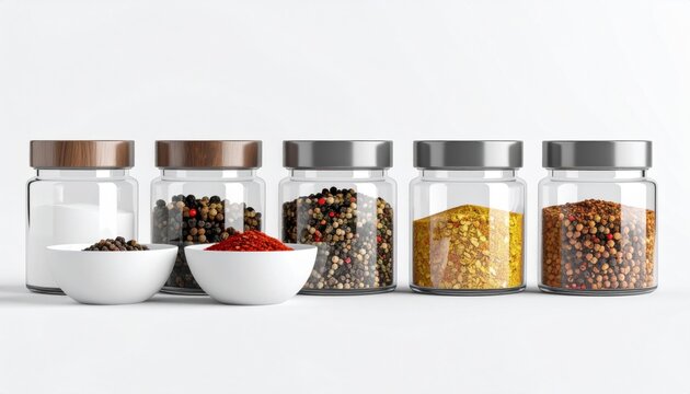 Assorted Spices in Clear Jars with Wooden and Silver Lids on White Background