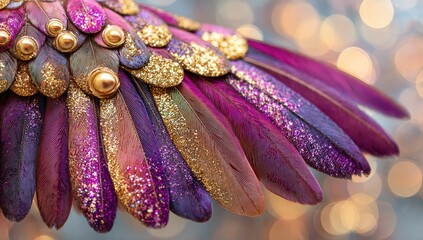 Close-up of decorative wing, feathers in shades of purple and gold, glitter