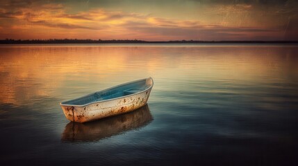 Obraz premium Tranquil lake scene at sunset with a lone boat.
