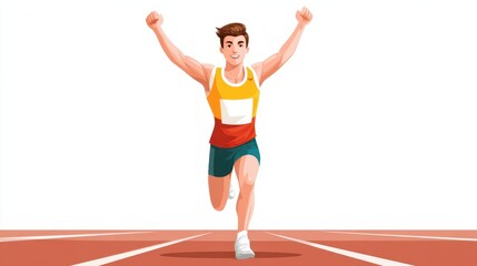 Emotional triumphant runner man crossing finish line. happy athlete celebrates victory in race, moment of pure success and joy in sport after running hard